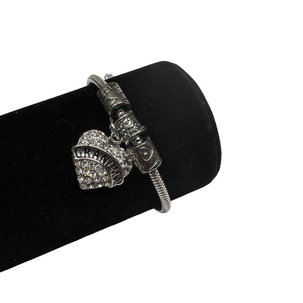 GRANDMA Heart Charm Bracelet Silver Tone Rhinestone Beads Adjustable Snake Chain